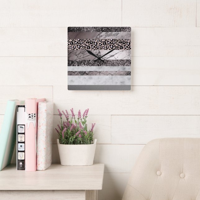Relógio Quadrado Leopard Marble Glitter Stripes Glam 1 (Sala de leitura)