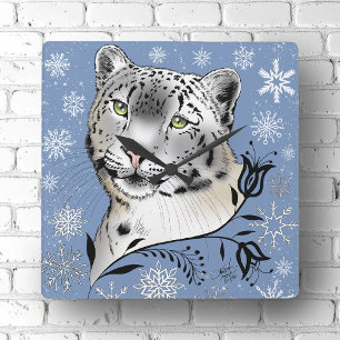 Relógio Quadrado Leopardo-das-neves e Flocos de Neve