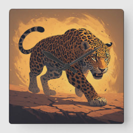 Relógio Quadrado Leopardo Feroz Passeando ao Pôr do Sol