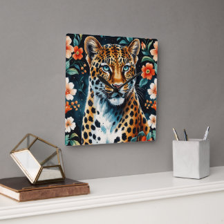 Relógio Quadrado Leopardo floral da vinha