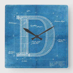 Relógio Quadrado Letra D Monograma Blueprint