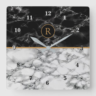Relógio Quadrado Letra personalizada Wall Clock preto - mármore bra