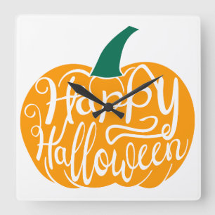 Relógio Quadrado Letras Feliz Halloween em abóbora esculpida