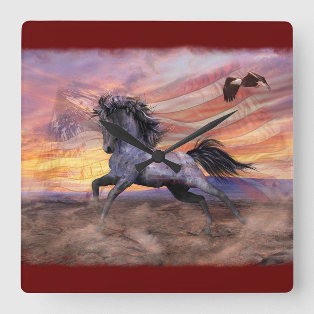 Relógio Quadrado Liberdade Mustang & Eagle Patriótico (Frente)