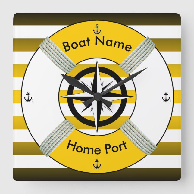 Relógio Quadrado Lifebuoy~Anel de Vida ~Livesaver~ Dourado Preto e  (Frente)