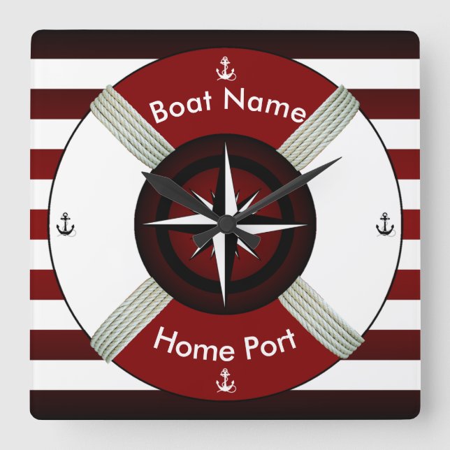 Relógio Quadrado Lifebuoy ~ Anel de Vida ~ Livesaver ~Maroon Bl & W (Frente)