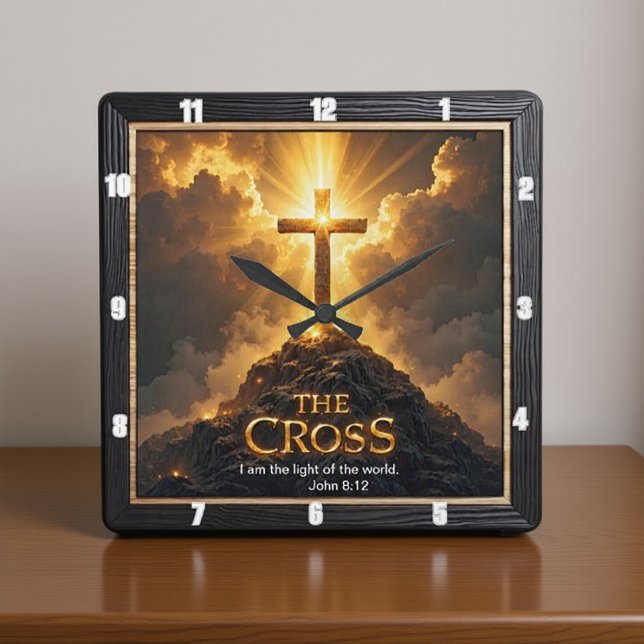 Relógio Quadrado Light Salvation Cross Mountain Wooden World John 8 (Criador carregado)