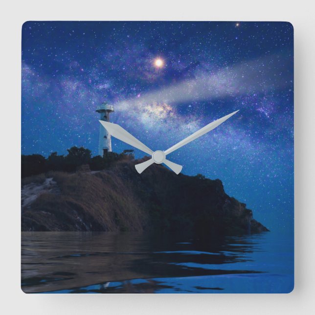 Relógio Quadrado Lighthouses | Starry Night Lighthouse (Frente)