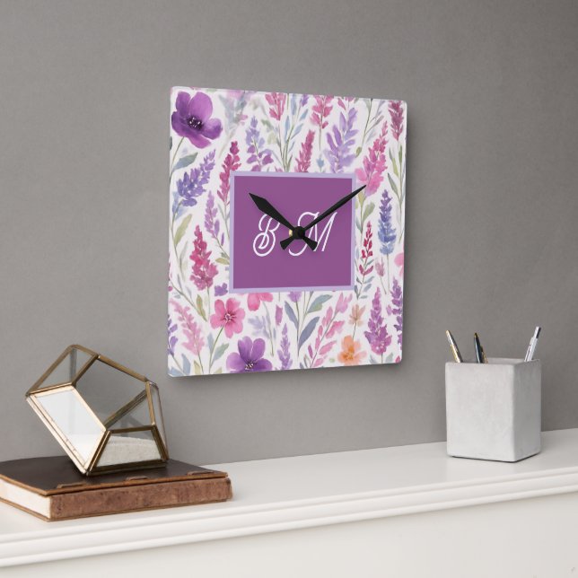 Relógio Quadrado Lila-rosa-romântica Pastel Botânica Primavera Mead (Escritório)