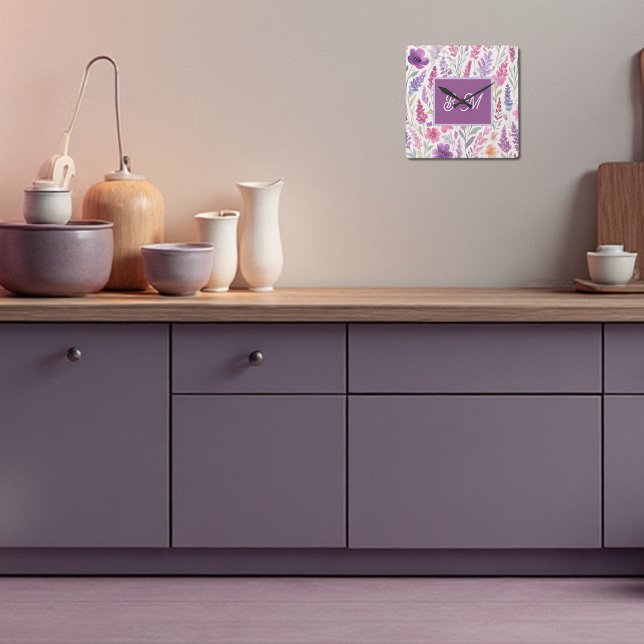 Relógio Quadrado Lila-rosa-romântica Pastel Botânica Primavera Mead (Criador carregado)