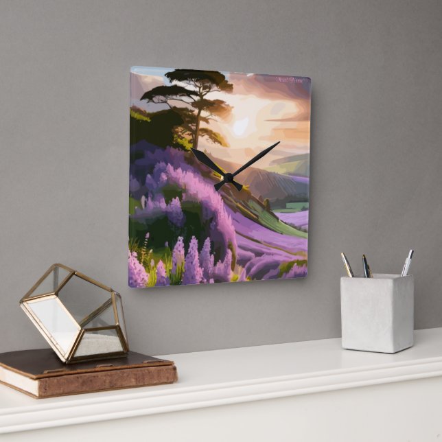 Relógio Quadrado Lilac Flowers Bloom em Hill no Sunset Glow (Escritório)