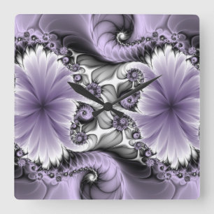 Relógio Quadrado Lilac Illusion Abstrato Floral Fractal Art Fantasy