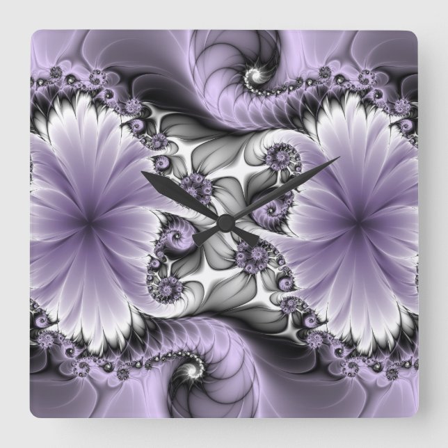 Relógio Quadrado Lilac Illusion Abstrato Floral Fractal Art Fantasy (Frente)