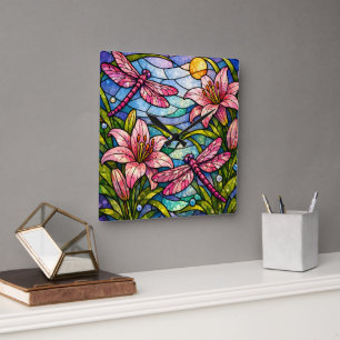 Relógio Quadrado Lilies e Libélulas Rosa em Vidro Fosco