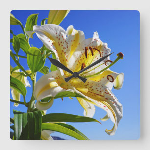 Relógio Quadrado Lily Flowers Muros Clocks White Yellow Lily