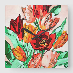 Relógio Quadrado Linda Buquê Floral Tulipa Arte Preta