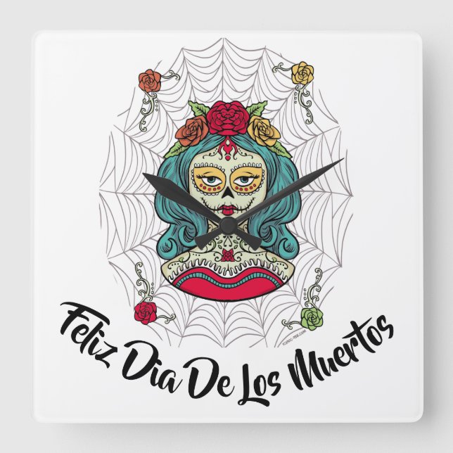 Relógio Quadrado Linda Catrina Feliz Día de Muertos (Frente)