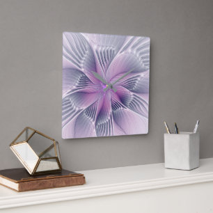Relógio Quadrado Linda Flor Rosa Arte Abstrato Fractal Moderno