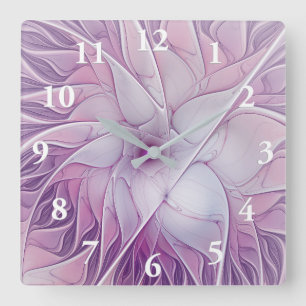Relógio Quadrado Linda Flor Rosa Moderna Abstrato, Arte Fractal