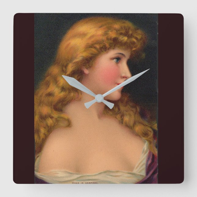 Relógio Quadrado Linda mulher do século XIX com cabelo comprido (Frente)
