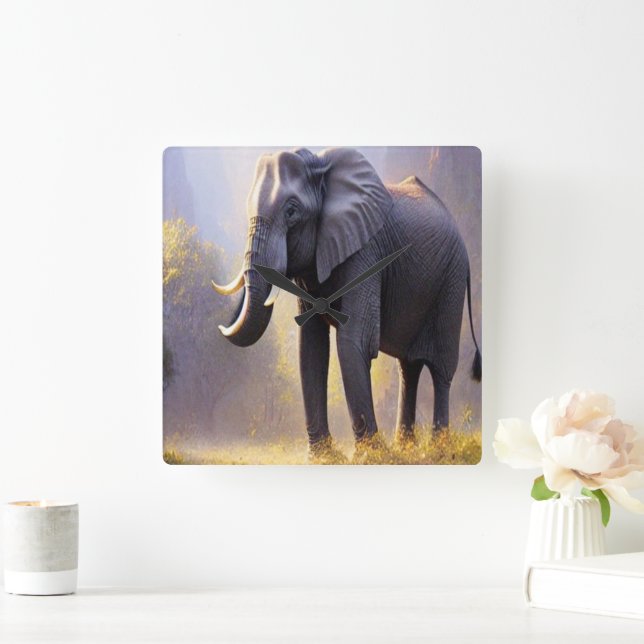 Relógio Quadrado Linda pintura de um elefante em sua natureza (Lar)