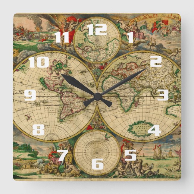 Relógio Quadrado Linda Vintage do velho mundo Mapas (Frente)