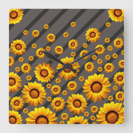 Relógio Quadrado Lindas flores amarelas nas cinzas, faixas pretas