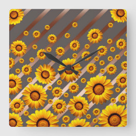 Relógio Quadrado Lindas flores amarelas nas cinzas, listras castanh