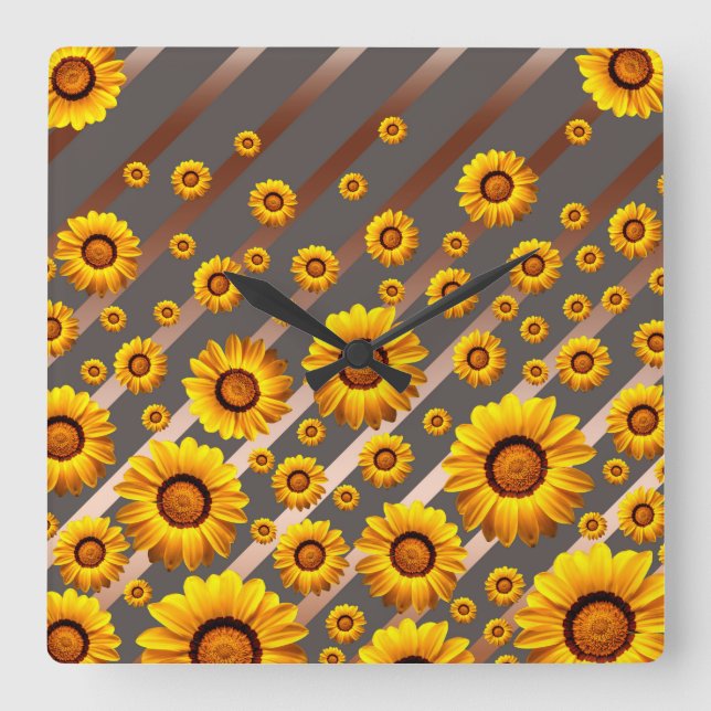 Relógio Quadrado Lindas flores amarelas nas cinzas, listras castanh (Frente)