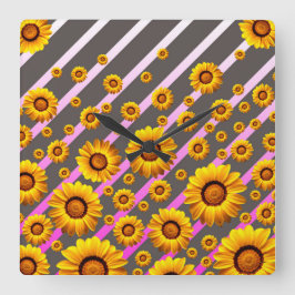 Relógio Quadrado Lindas flores amarelas nas cinzas, listras cor-de-