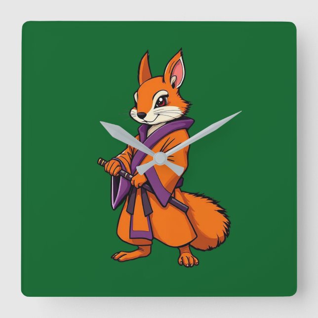 Relógio Quadrado Lindo Esquilo Samurai Japonês (Frente)