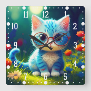 Relógio Quadrado Lindo gatinho azul usando óculos-47067