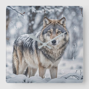 Relógio Quadrado Lindo Lobo na Neve Fauna