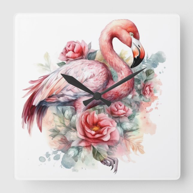 Relógio Quadrado LINDOS FLAMINGOS ROSAS EM Aquarela COM FLORES (Frente)