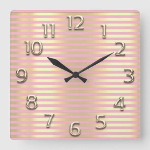 Relógio Quadrado Linhas cor-de-rosa Dourados listras dos números