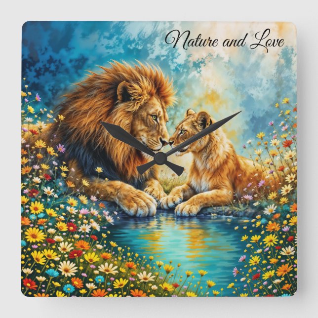 Relógio Quadrado Lion Lioness, gatos selvagens natureza amam vida s (Frente)