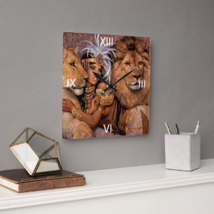 Relógio Quadrado Lion Lioness Jungle Wall Clock