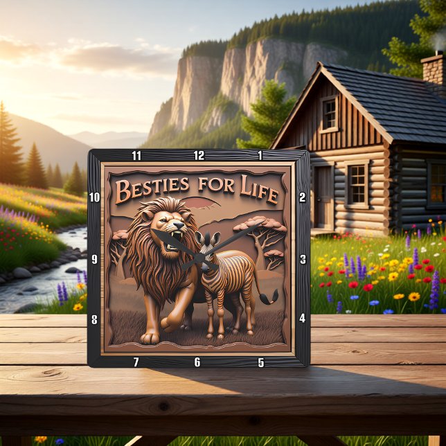 Relógio Quadrado Lion Zebra Close Up Savanna (Criador carregado)