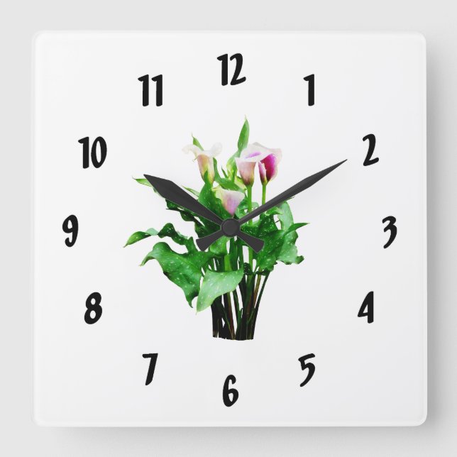 Relógio Quadrado Lírios de Calla Brancos e Rosa (Frente)