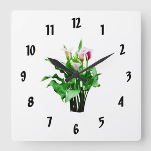 Relógio Quadrado Lírios de Calla Brancos e Rosa
