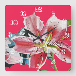 Relógio Quadrado Lírios Lírios de Lírio Vermelho Arte de Flor aquar