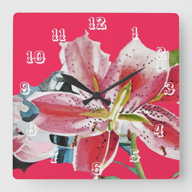 Relógio Quadrado Lírios Lírios de Lírio Vermelho Arte de Flor aquar (Frente)