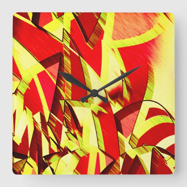 Relógio Quadrado Listras amarelas na imagem vermelha, distorcida (Frente)