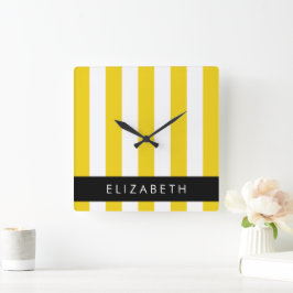 Relógio Quadrado Listras Amarelas, Padrão Striped, Linhas, Seu Nome