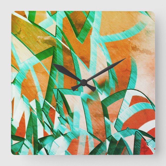 Relógio Quadrado Listras azuis ou cianas sobre laranja avermelhada  (Frente)