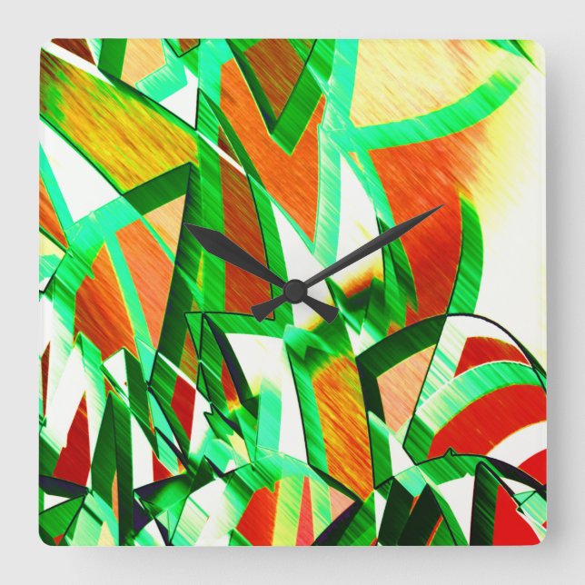 Relógio Quadrado Listras verdes na imagem vermelha laranja com garo (Frente)