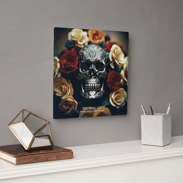 Relógio Quadrado LITE EXISTENCIAL Wreath Skull Wall Clock (Escritório)