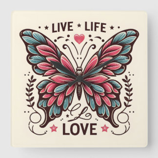 Relógio Quadrado Live Life Love Square Butterfly Wall Clock