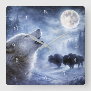 Relógio Quadrado Lobo Bonito Vida Selvagem Lua Cheia