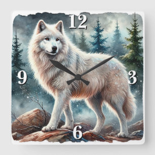 Relógio Quadrado Lobo Branco Majestoso na Floresta de inverno